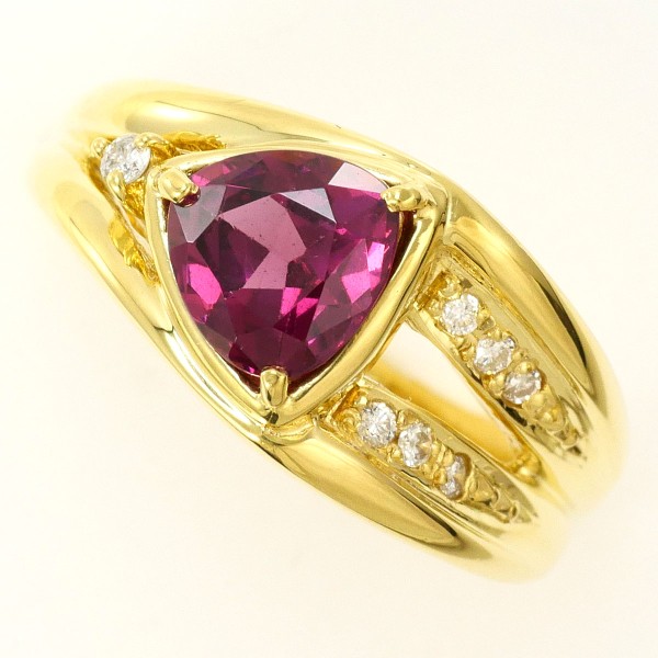 【素材】 K18/イエローゴールド 【石目】 天然ロードライトガーネット 1.41ct 天然ダイアモンド 0.08ct 【総重量】 約7.6g 【サイズ】 約11.5号 【最大幅】 約9mm 【サイズ