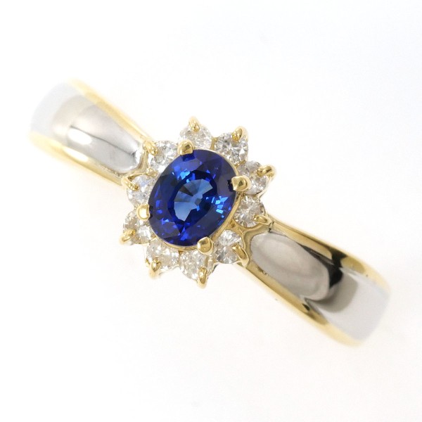 【素材】 PT900/プラチナ K18/イエローゴールド 【石目】 サファイア ダイヤ 0.16ct 【総重量】 約2.4g 【サイズ】 約12号 【最大幅】 約8mm 【サイズ直し】 不可 【付属品