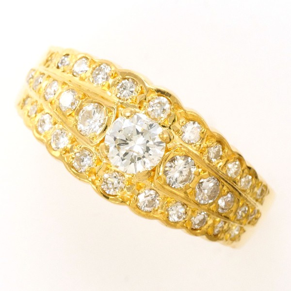 【素材】 K18/イエローゴールド 【石目】 天然ダイアモンド 0.312ct 0.68ct 【総重量】 約7.6g 【サイズ】 約17号 【最大幅】 約10mm 【サイズ直し】 2サイズは可能(3万