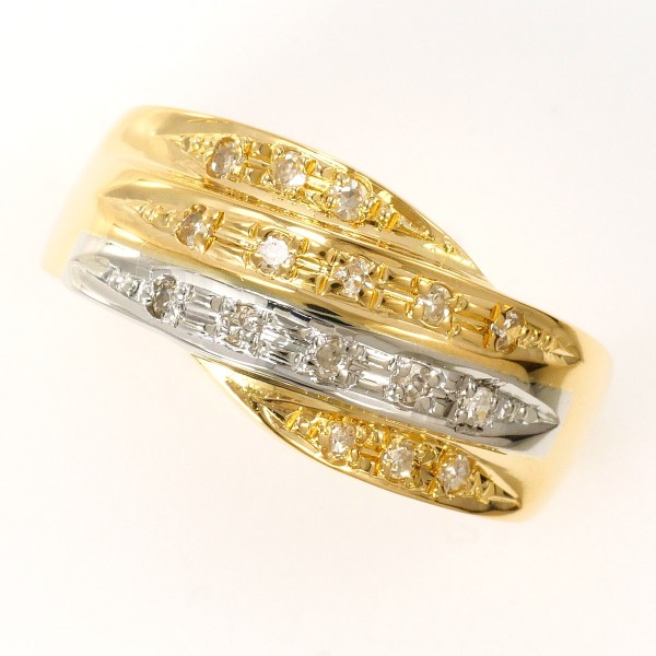 【素材】 PT900/プラチナ K18/イエローゴールド 【石目】 ダイヤ 0.15ct 【総重量】 約3.6g 【サイズ】 約12号 【最大幅】 約9mm 【サイズ直し】 2サイズは可能(3万円以上