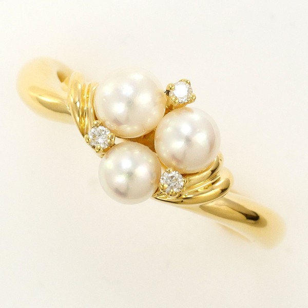 【素材】 K18/イエローゴールド 【石目】 パール(真珠) 約3.5〜4mm ダイヤ 0.04ct 【総重量】 約4.2g 【サイズ】 約12号 【最大幅】 約9mm 【サイズ直し】 2サイズは可能