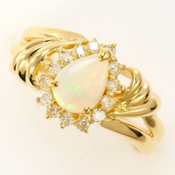 【素材】 K18/イエローゴールド 【石目】 オパール 0.34ct ダイヤ 0.15ct 【総重量】 約3.5g 【サイズ】 約11号 【最大幅】 約10mm 【サイズ直し】 不可 【付属品】 なし