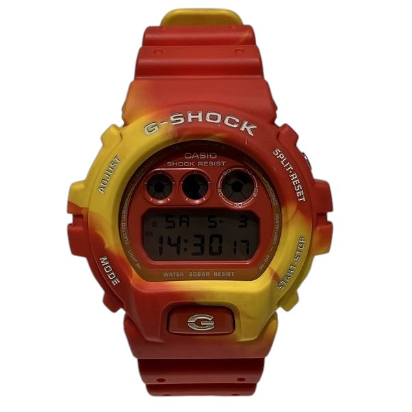 ブランド:カシオ 品名:G-ショック 型番:DW-6900TAL ムーヴメント:クォーツ 材質:樹脂 サイズ:ケース幅(リューズ含まず)×厚さ×腕回り最少〜最大×重さ 約50mm×16.6mm×12〜